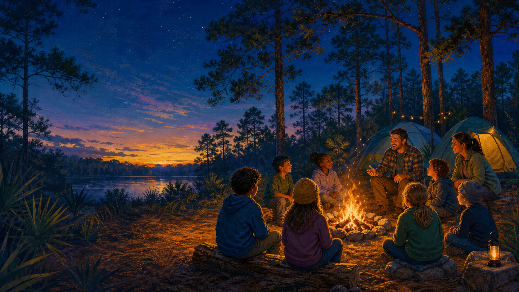 Illustrated Pack-style campout: Scouts and adult leaders gathered around a campfire at dusk